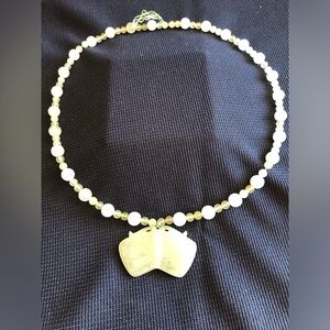 Vintage Chinese Light Green Hand Knotted Jade Bead Necklace 25” Long Butterfly